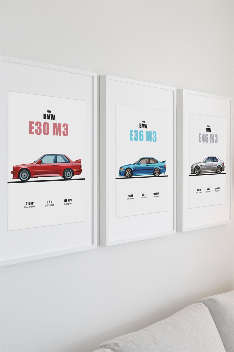 BMW M3 3-pack E30 E36 E46 Wall Art Printable Digital Download Poster ...