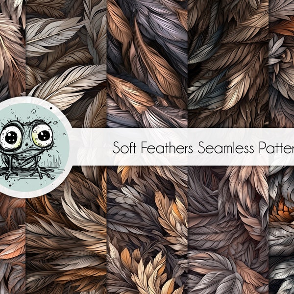 A Set Of 15 Soft Feathers Seamless Digital Pattern,Feathers Scrapbook Paper,Brown Background,Feathers Repeating Pattern PT0135