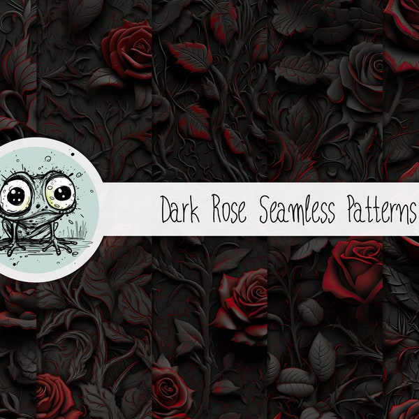 10 Seamless Black And Red Roses Digital Patterns, Floral Scrapbook Paper, Gothic Backgrounds, Dark Rose Repeating Pattern, PT0064