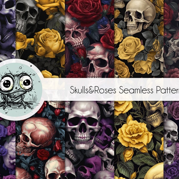 30 Seamless Skull And Roses Digital Pattern, Scrapbook Paper, Horror Backgrounds,Goth Repeating Pattern PT0161