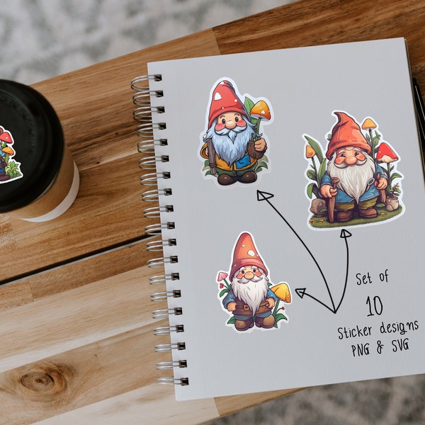 10 Cute Gnome Print and Cut Digital PNG Stickers | 10 Different Designs | PNG, SVG Sticker Pack | Instant Download ST0039