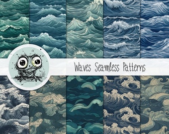 10 belles vagues Seamless Pattern Design, Ocean Scrapbook Paper, Waves Backgrounds, Ocean Waves Repeating Pattern, PT0053