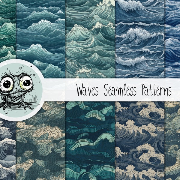 10 Beautiful Waves Seamless Pattern Design, Ocean Scrapbook Paper, Waves Backgrounds, Ocean Waves Repeating Pattern , PT0053