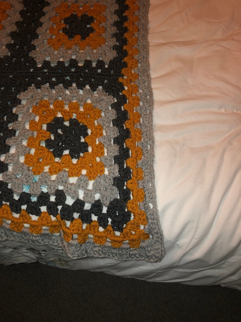 Handmade Rectangular Crochet Blanket in Grey and Orange With Shell Edge ...