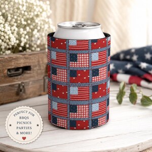 May include: A red, white, and blue can cooler with a patchwork design featuring American flags. The cooler is wrapped around a silver can. The text on the label says "Perfect for BBQs, Picnics, Parties & More!"