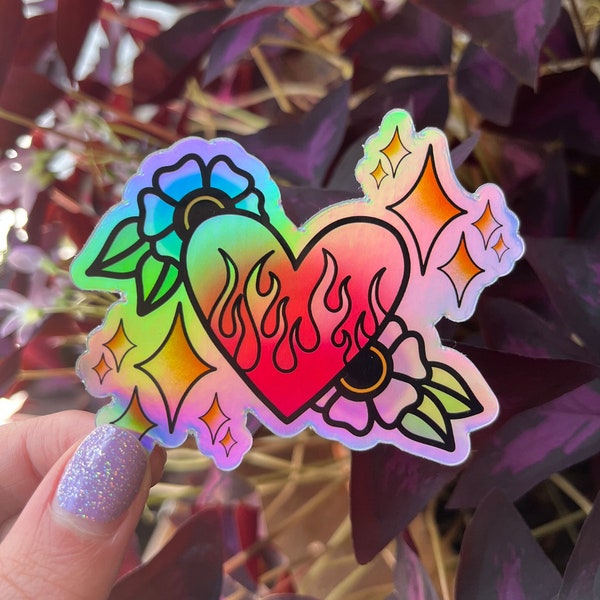 Holographic Tattoo Style Heart Fire Flowers Sticker | water bottle laptop stickers decal waterproof vinyl pastel goth kawaii