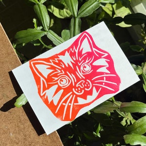 Cute Cat Linocut Print | Handmade Kitten Art for Cat Lovers | Unique Animal Wall Decor, Gift Idea for Pet Owners