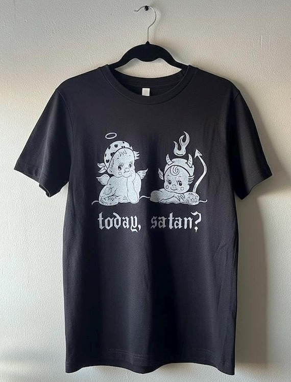 Kewpie Doll Shirt, Today, Satan? Block Printed Shirt, Linocut Baby Devils, Tattooed Cherubs, Goth Linoprint