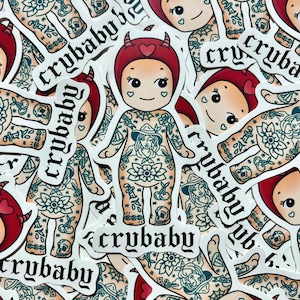 Sonny Angel Crybaby Tattooed Waterproof 4 Inch Sticker, Cute Kawaii Illustration, Perfect for Water Bottles & Laptops