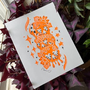 Spooky Skull Stack Unique Linocut Print