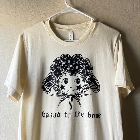 Block Print Linocut Shirt - Baaad To The Bone Punk Rock Sheep Tee Shirt - Unique Lino Hand Printed One Of A Kind Top