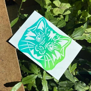 Cute But Curious Cat Handmade Linocut Print Blue and Lime Green