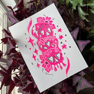 Spooky Skull Stack Unique Linocut Print