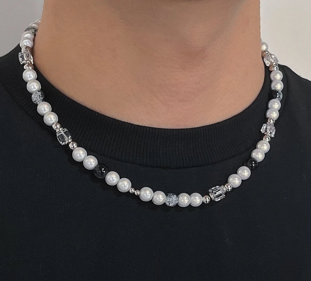 Luminescent Beaded Silver Necklace for Men | pearl necklace men | Jewelry  for Men | Glowing Pearls | Luminous chain