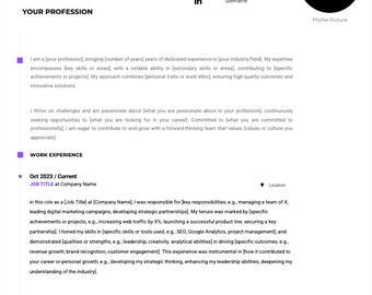 Puede incluir: Una plantilla de currículum vitae en negro y morado. Incluye información de contacto, nombre y profesión. Detalla la experiencia laboral, habilidades y logros. Una foto de perfil está en un círculo morado.