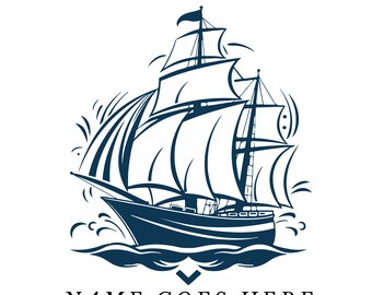 Puede incluir: Ilustración azul marino de un velero con velas ondeantes sobre agua ondulada. El barco tiene varios mástiles y una bandera. El texto "NAME GOES HERE" está en la parte inferior de la imagen.
