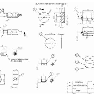 May include: Technical drawing of a gas burner built from a ceramic soldering pad. The drawing includes multiple views and dimensions in inches. The text on the drawing reads "Gas Burner" and "08.09.2020 Fruens&auml;nginesing Brass".
