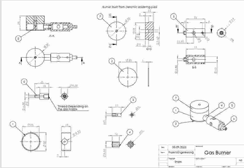 May include: Technical drawing of a gas burner built from a ceramic soldering pad. The drawing includes multiple views and dimensions in inches. The text on the drawing reads "Gas Burner" and "08.09.2020 Fruens&auml;nginesing Brass".