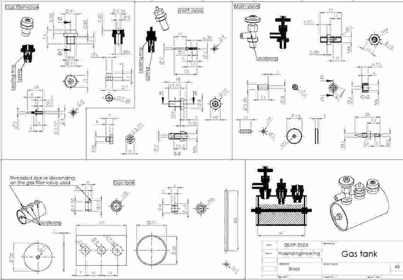 May include: A technical drawing of a gas tank with detailed dimensions and components, including a vent valve, main valve, and gas filter valve. The drawing is labeled "Gas tank" and includes the date "06.19-2023" and the company name "RoensEngineering".