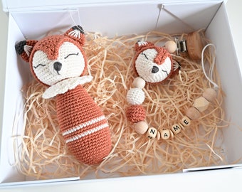 Amigurumi, stick rattle, baby gift, birth gift, fox rattle, baby gift set, fox