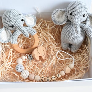 Set regalo bambino, sonaglio, regalo per nascita, set risparmio regalo bambino, elefante, catenella ciuccio con nome, regalo nascita bambino, sonaglio bambino