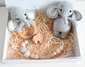 Baby gift set, rattle, gift for birth, baby gift savings set, elephant, dummy chain with name, baby gift birth, baby rattle