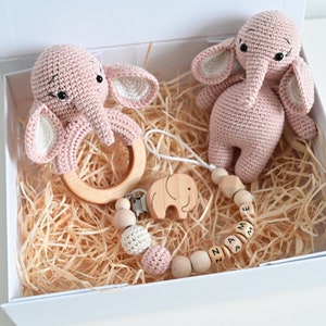 Babygeschenkset,  Greifling, Geschenk zur Geburt, Babygeschenk Geburt, Babygeschenk personalisiert, Schnullerkette mit Namen, Elefant