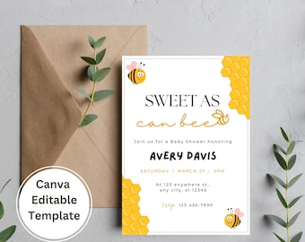 Bee Baby Shower Invitation, Honey Bee Invitation, Honey Bee Baby Shower Invitation, Sweet as can Bee Baby Shower Canva Editable Template