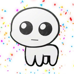 May include: A white cartoon character with large black eyes and a small mouth. The character is standing on a white background with colorful confetti.