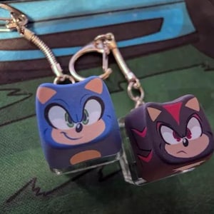 May include: Two square-shaped keychains featuring cartoon character faces. One keychain is blue with a tan muzzle and green eyes, while the other is black with red markings, a tan muzzle, and red eyes. Both keychains have silver metal rings and chains.