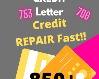 May include: Two yellow credit cards with white stripes and a black number "850+" on top. The cards are on a pink background with the text "LADYGemCCredit REPAIR" in white on a grey background. The text "Checkout THIS CREDIT" is in white on a grey background. The text "753 Letter 706 Credit REPAIR Fast!!" is in yellow on a grey background.