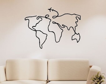 Minimal World Map Metal Wall Art, Travel Line Decor, Modern Interior Steel Sculpture Panel