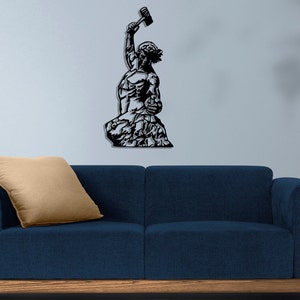 Powerful Man with Hammer Metal Wall Art, Masculine Sculpture Silhouette Decor, Black Iron Wall Hanging for Garage, Gym, Workshop, Office