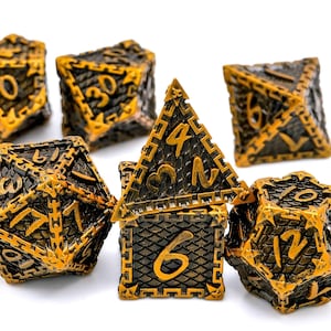 Imprisoned Dragon Metal DnD Dice | 7 Piece RPG Dice Set | 3 Colors | Dragon Scale | Wyvern Dice | Dungeons and Dragons | TTRPG Gift