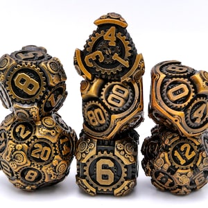 Steampunk Gear Metal DnD Dice Set | 7 Piece Mechanical RPG Dice | d4 to d20 | Heavy Dice | Dungeons and Dragons | TTRPG | Gamer Gift