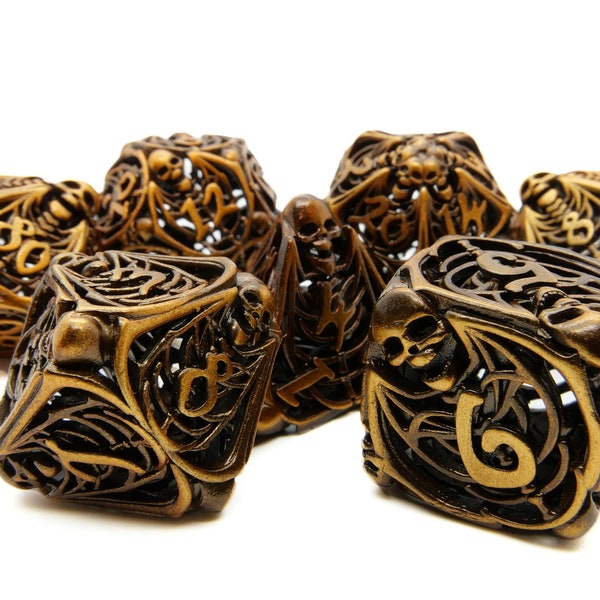 Gold Skull & Bones Metal Dice Set | Hollow Dice Set | 7 Pieces | DnD Dice | Tabletop RPG | Gift Box Included