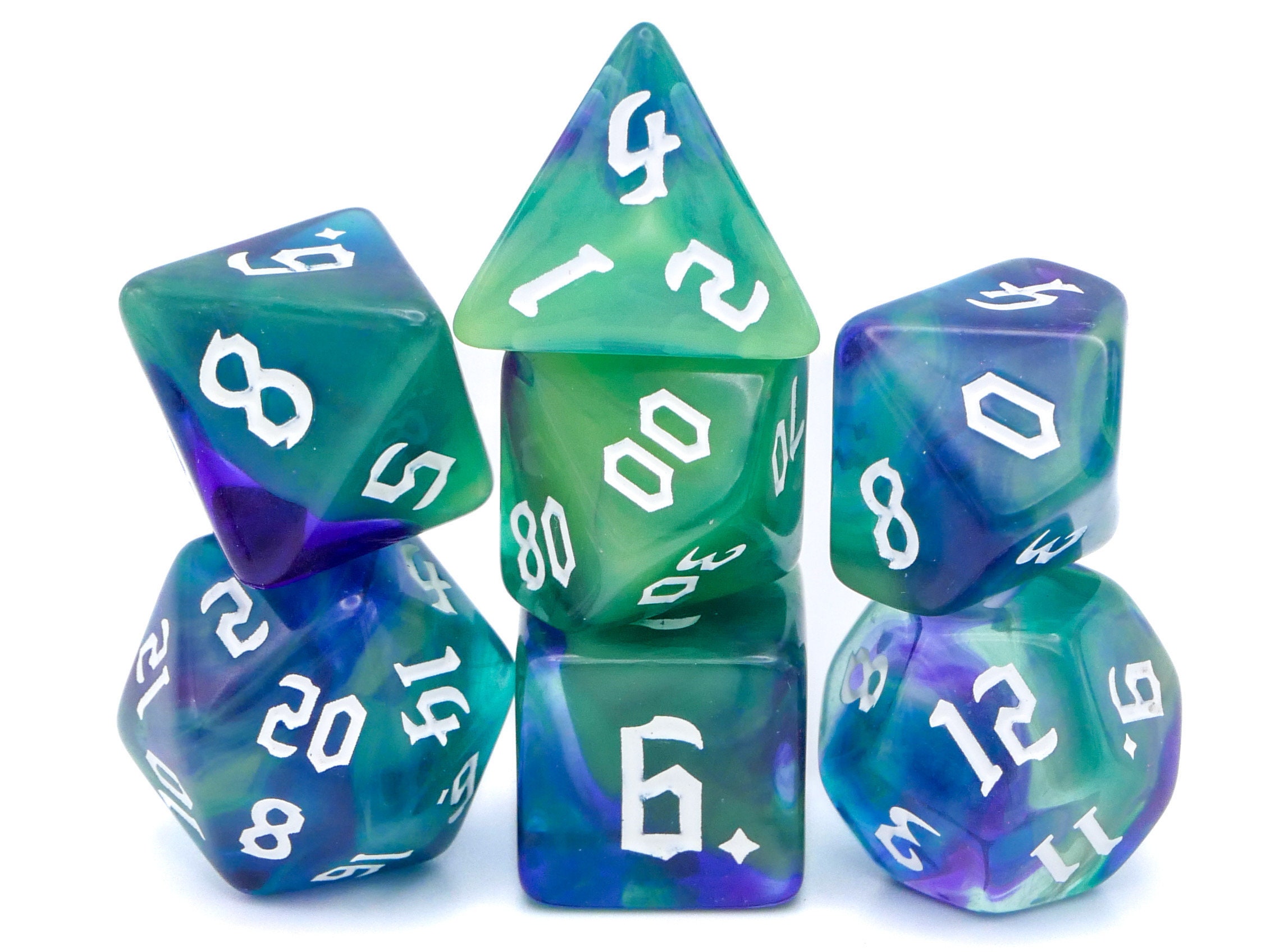 Ocean Dream DnD Dice Set | 7 Piece Blended Color RPG Dice | Purple, Blue, Teal, Green | Dungeons and Dragons | Multicolored Dice Gift
