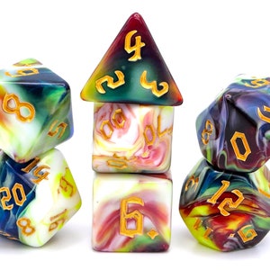 Firestorm Fusion DnD Dice Set | 7 Piece Blended Color RPG Dice | Red, Blue, White, Yellow | Dungeons and Dragons | Multicolored Dice Gift