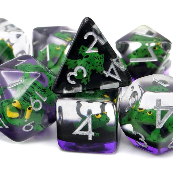 Mossy Frog Dice Set | 7 Piece Resin DnD Dice | Purple Misty Forest | Green Reptile | Tabletop RPG