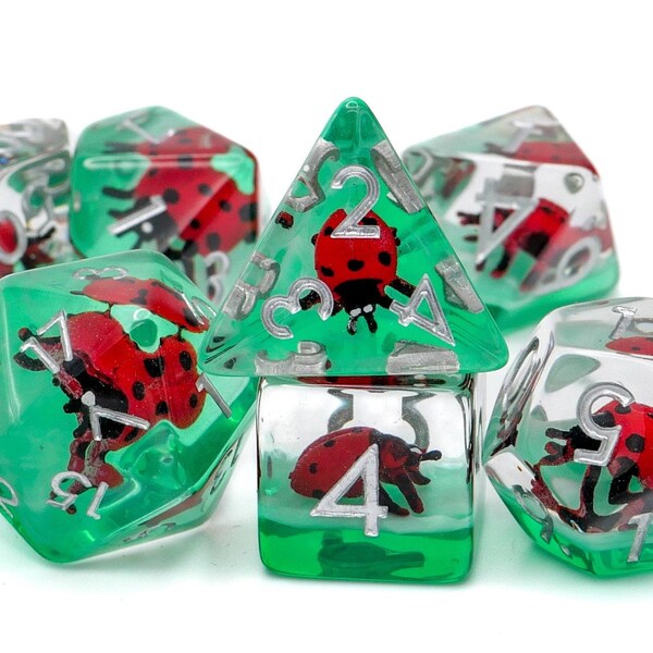 Forest Ladybug Resin Dice Set | 7 Pieces | DnD Dice | Green Woods | Green Insect | Tabletop RPG