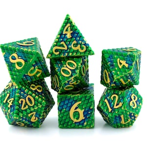 Dragon Scale Metal DnD Dice Set | 7 Piece RPG Dice | Unique Textured Wyvern Dice | Dungeons & Dragons | Tabletop RPG | Nerdy Gamer Gift