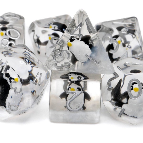 Snowy Penguin Resin Dice Set | 7 Pieces | DnD Dice | Cute Artic Bird | Winter Penguin | Tabletop RPG