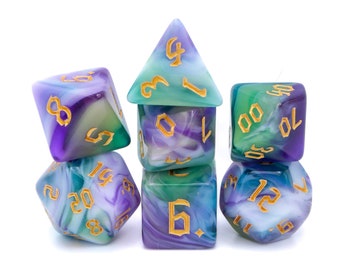 Enchanted Prism DnD Dice Set | 7 Piece Blended Color RPG Dice | Purple, Blue, White, Green | Dungeons and Dragons | Multicolored Dice Gift