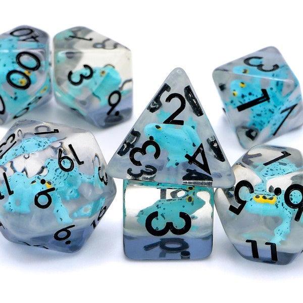Teal Frog Resin DnD Dice Set - 7 Piece Dungeons & Dragons Dice - Grey Resin with Black Spots and Yellow Eyes - Inclusions Dice