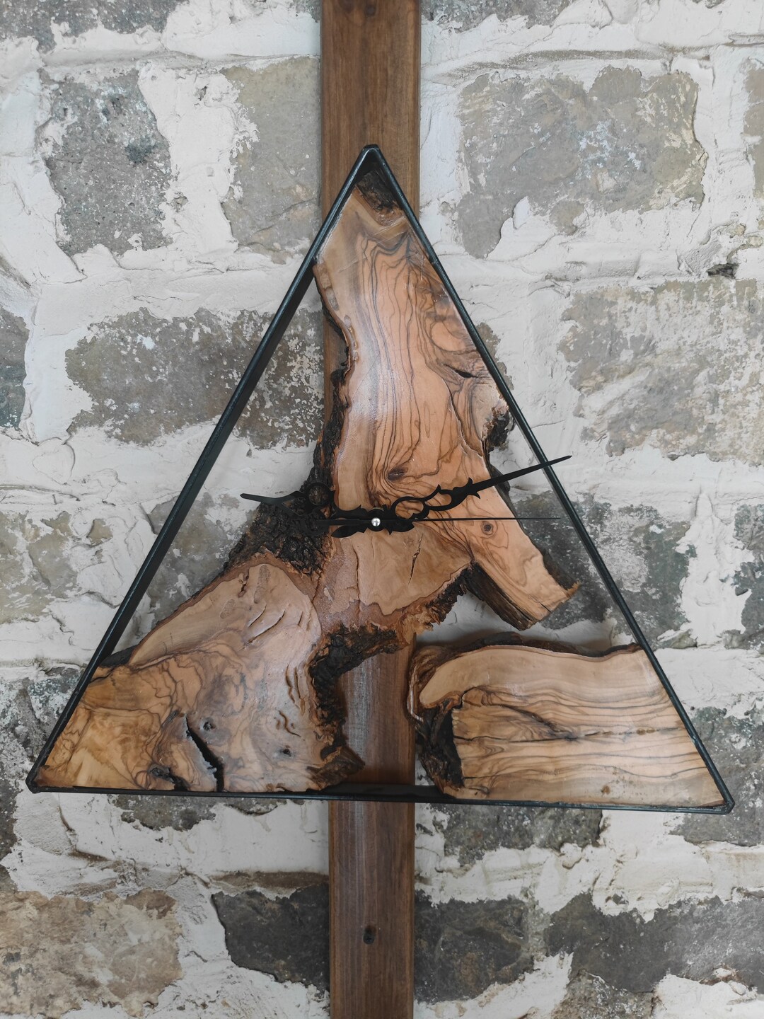 Triangle Wallclock, Triangleframe Wallclock, Olive Wood Wall Clock