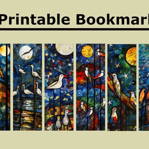 Set of 6 Digital Download Bird Bookmarks with Starry Night, Oil Painting, and Stained Glass Themes for Art Lovers - Printable Designs