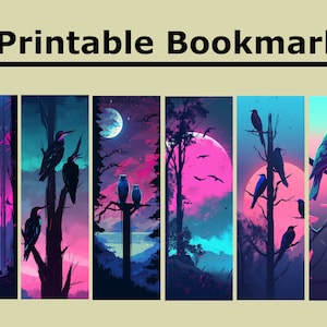 Puede incluir: Seis marcapáginas imprimibles con paisajes abstractos coloridos con pájaros y árboles. Los marcapáginas tienen una gama de colores vibrantes de rosa, azul y morado.