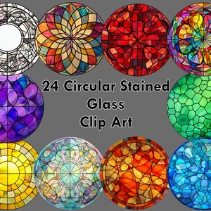 May include: 24 circular stained glass clip art images. The images feature a variety of designs, including geometric patterns, floral motifs, and abstract shapes. The colors are vibrant and colorful, with shades of red, blue, green, yellow, and purple.
