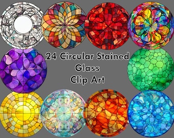 24-Piece Round Stained Glass Clip Art Bundle (3x3in.), PNG Images, Transparent Background for Crafts, Collage Sheets, Cake Toppers, Magnets