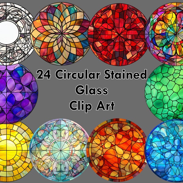 24-Piece Round Stained Glass Clip Art Bundle (3x3in.), PNG Images, Transparent Background for Crafts, Collage Sheets, Cake Toppers, Magnets